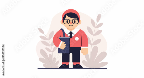 A young individual in a red jacket, black pants, and a red cap, carrying a blue bag