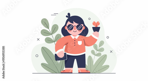 Person holding plant and phone amidst lush green foliage and simple abstract shapes