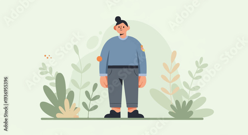 Flat illustration of a person with dark hair in a bun, wearing a blue sweater and gray pants, surrounded by abstract plants