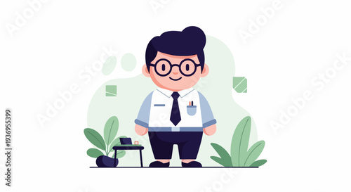 A cheerful, round-faced cartoon man in glasses and formal attire stands beside a plant