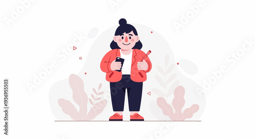 Cheerful person in coral jacket and dark trousers holds phone and cylindrical object