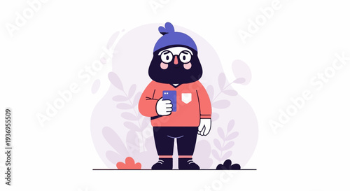 Friendly cartoon person in a hat and glasses holds a smartphone, with abstract plant shapes in background