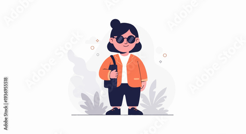 Stylized cartoon figure with dark hair, sunglasses, orange jacket, dark pants, and a bag