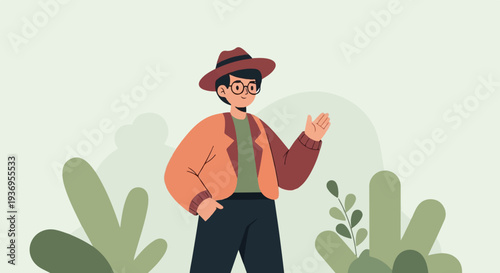A person wearing a hat and glasses, gesturing with one hand while standing amongst plants