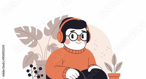 Cheerful person with headphones and plants, enjoying a relaxed moment