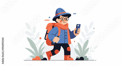 Person in hat and scarf with backpack uses phone while walking through plants