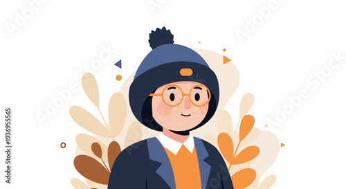 A whimsical illustration of a person with glasses and a beanie, set against abstract fall foliage