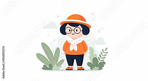 Cheerful child in orange hat, scarf, and sweater, surrounded by greenery