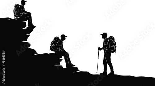 Silhouettes of hikers with backpacks resting on mountain cliffs and standing on rocky terrain, outdoor adventure travel and trekking vector.