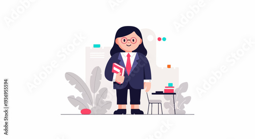 A stylized woman in a suit stands by a desk with books, plants, and abstract shapes