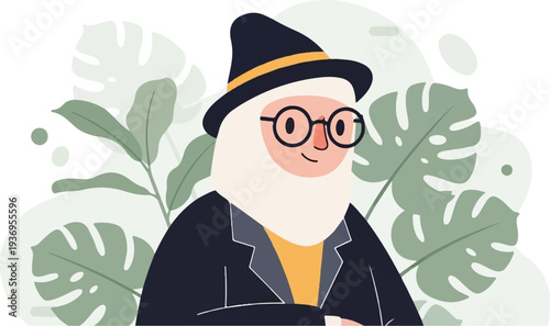 Stylized portrait of a person wearing a hat and glasses, surrounded by tropical leaves