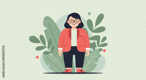 A woman in a red blazer and glasses stands amidst lush green foliage