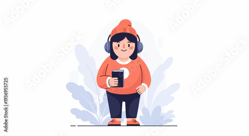 A cheerful person in winter attire enjoys music and reading outdoors
