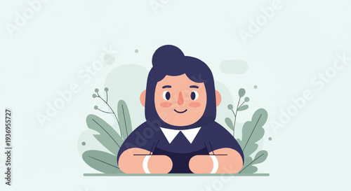 A character sits at a table, writing, surrounded by abstract plant shapes and a soft green background