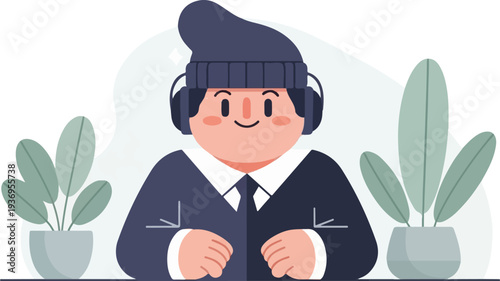 Friendly person with headphones and plants