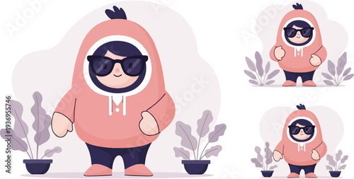 A cute, chubby cartoon character in a pink hooded sweatshirt and sunglasses stands with plants