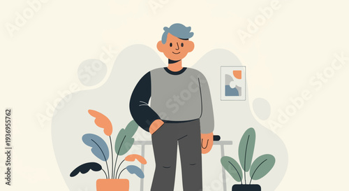 Modern illustration of a person with blue hair standing indoors with plants and art