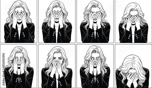 Stressed businesswoman covering face with hands, woman crying in despair, emotional burnout and mental health problems, lady in grief set.