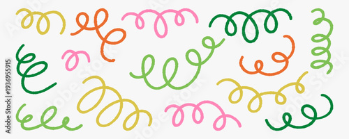 Hand-drawn vector set of abstract curly scribble lines and loops. Playful wavy strokes and spiral doodles for decoration, branding and digital projects.