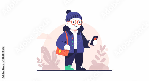 A person with glasses and a hat checks their phone, carrying a bag