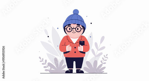 A stylized cartoon character wearing a blue hat and coat, holding a phone