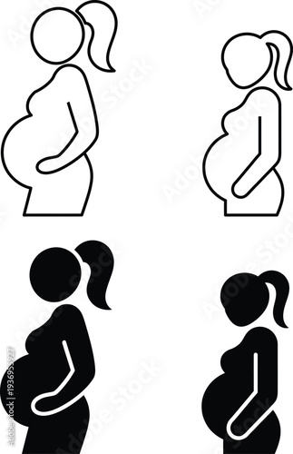 Collection of four simple female pregnancy icons illustrating expectant mothers in outline and solid silhouette styles perfect for maternity designs