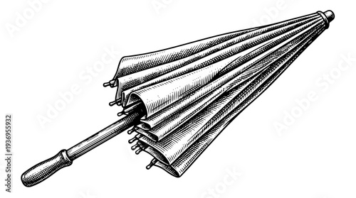 Folded umbrella handle canopy vector engraving style on white isolated background for rainy weather icon design