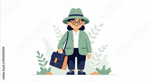 A person in a hat and jacket carries a briefcase