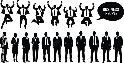 Successful business people silhouettes set with corporate team standing in suits, jumping for joy, celebrating victory, professional office group vector