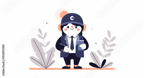 Stylized cartoon person in business attire holding a phone and notebook, surrounded by leaves