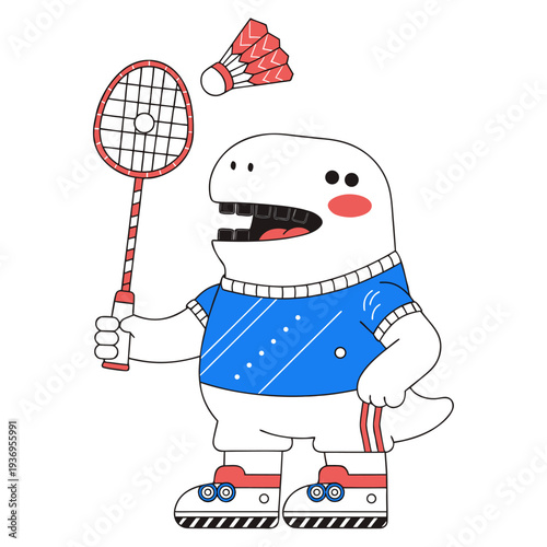 A cute, round white dinosaur character wearing a blue athletic jersey and white shorts, looking up with a wide grin as it prepares to serve a red shuttlecock