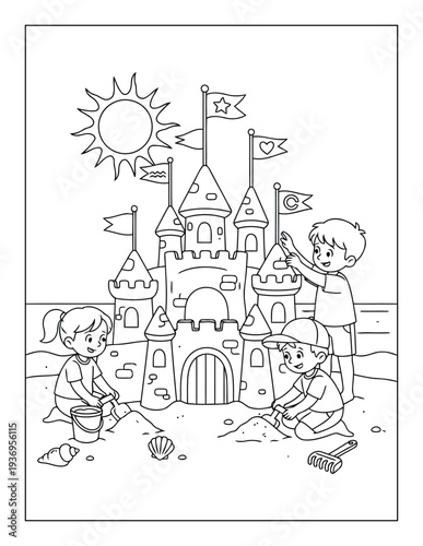  Sandcastle coloring page with children building beach castle under sunny sky