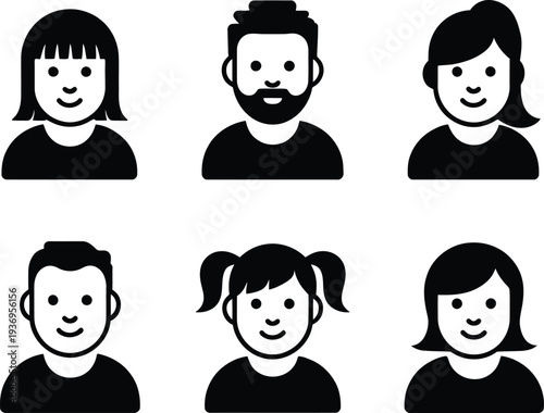 Collection of simple black and white user profile icons representing diverse adult male and female figures alongside younger children illustrating family or group membership concepts.