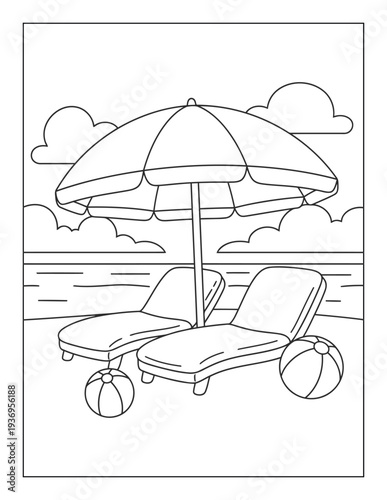 Beach umbrella coloring page with lounge chairs and beach balls by the calm sea