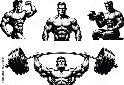 Bodybuilder workout illustration set with muscular athlete lifting weights, fitness training poses collection, bodybuilding strength concept vector isolated on white background