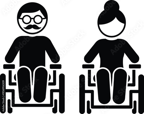 Simple black and white pictogram illustrating an elderly man with glasses and a mustache and an elderly woman with a bun both seated in wheelchairs symbolizing accessibility and care.