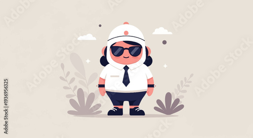 A cute, chubby cartoon character in a white hat and sunglasses, wearing a shirt and tie