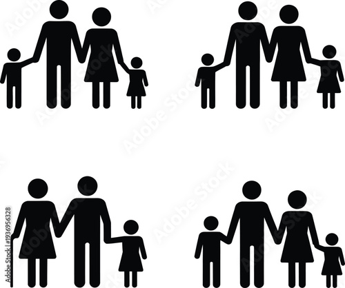 Collection of diverse family unit pictograms illustrating various demographic structures including elderly individuals and typical parental groupings for informational design concepts