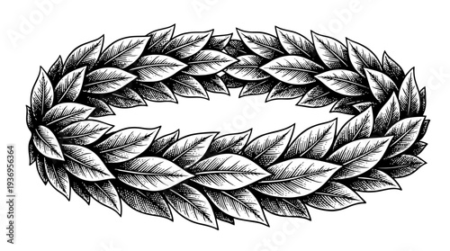 Laurel wreath leaf oval vector engraving style on white isolated background for award certificate emblem design