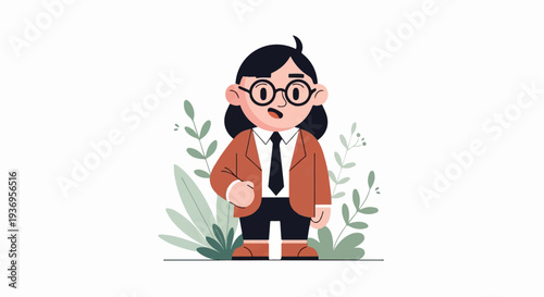 Person in business attire with round glasses, standing among stylized green plants