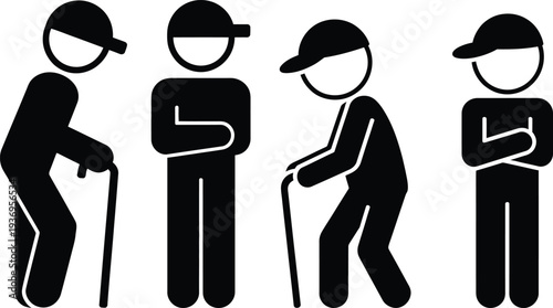 Black stick figures of four men wearing baseball caps, two using walking sticks, thoughtfully depicting the diverse stages of aging, physical ability, and generational differences in a simple graphic 