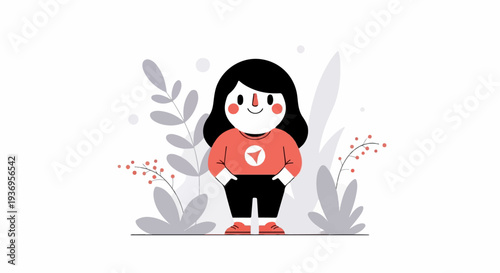 Whimsical illustration of a smiling girl in a red sweater and black pants surrounded by plants