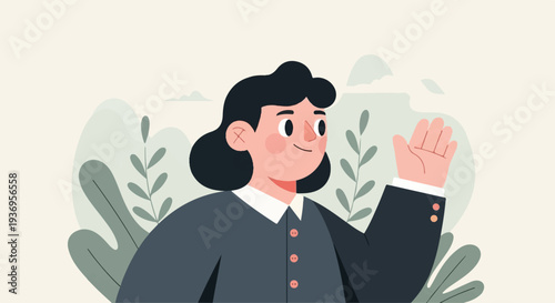 Friendly person in dark suit with white collar, waving hello amidst green foliage