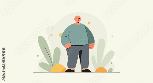 A cheerful bald person stands outdoors surrounded by abstract foliage and circles