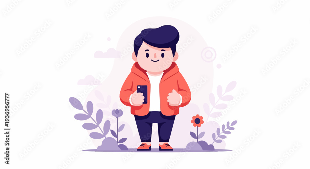 Fototapeta premium A cheerful, stylized child in a red jacket and blue pants holds a smartphone