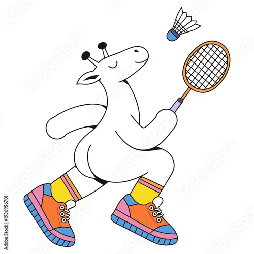A whimsical white giraffe character lunging forward in colorful sneakers to return a shuttlecock with its racket.