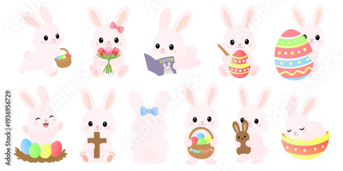 Easter Bunny collection. Cute pink rabbit characters with colorful eggs, basket and christian cross. Kawaii vector set.
