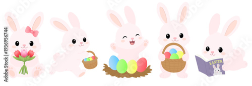 Easter Bunny collection. Cute pink rabbit characters with colorful eggs, basket and christian cross. Kawaii vector set.