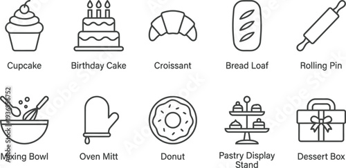 Collection of simple black and white line icons representing various bakery items and tools