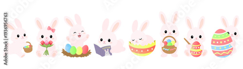 Easter Bunny collection. Cute pink rabbit characters with colorful eggs, basket and christian cross. Kawaii vector set.